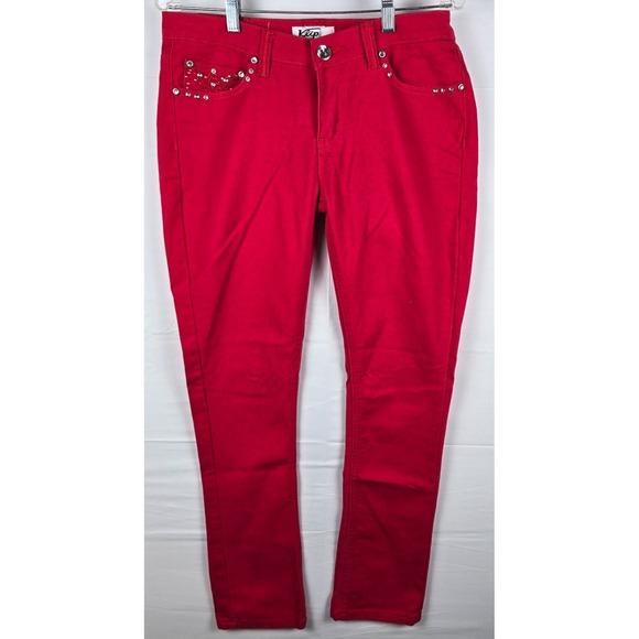 Klip Jeans Women's 13 Red Straight Leg Rhinestone Pockets Y2K Vintage Denim - Picture 1 of 13